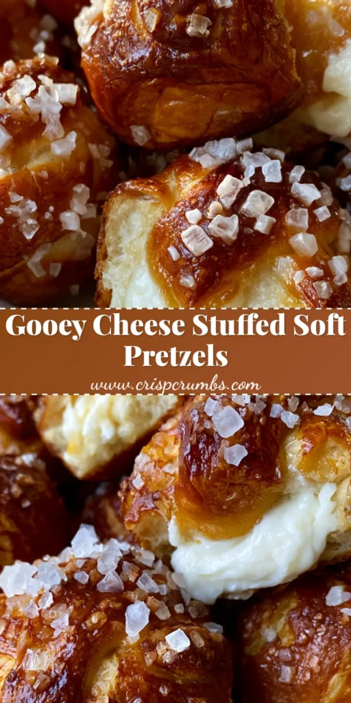 A batch of golden-brown Cheese Stuffed Pretzels in a wooden basket, one broken open to reveal gooey cream cheese.