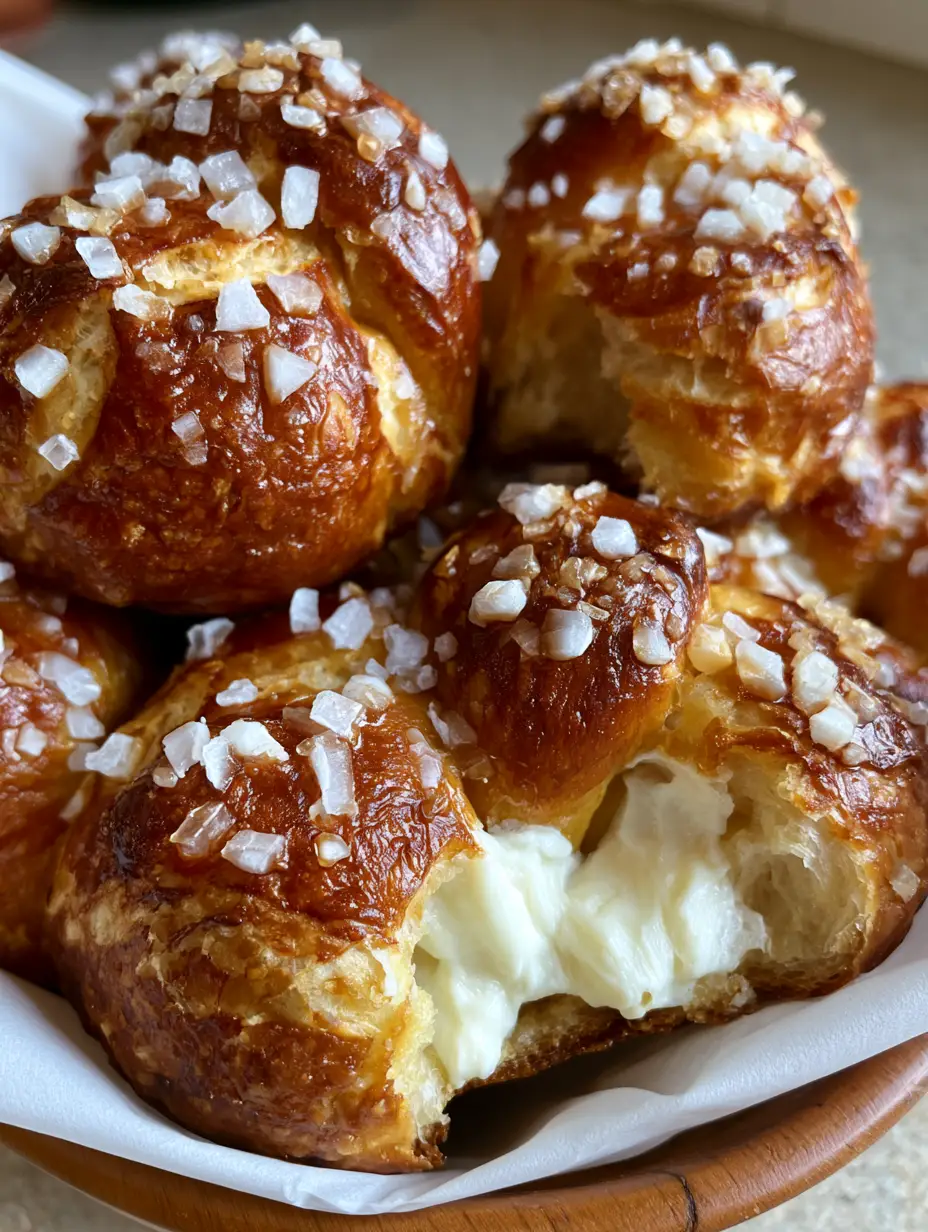 Close-up smartphone photo of glossy Cheese Stuffed Pretzels with deep amber crust and square salt crystals.