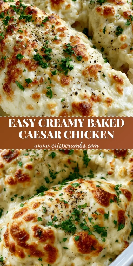 A ceramic baking dish featuring three succulent chicken breasts coated in a bubbly, golden-brown toasted parmesan Caesar sauce. (Baked Caesar Chicken)