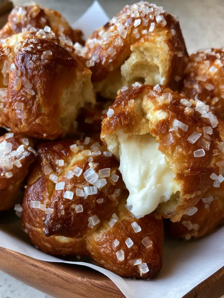 Broken open Cheese Stuffed Pretzels showing the airy dough crumb and generous white cream cheese filling.
