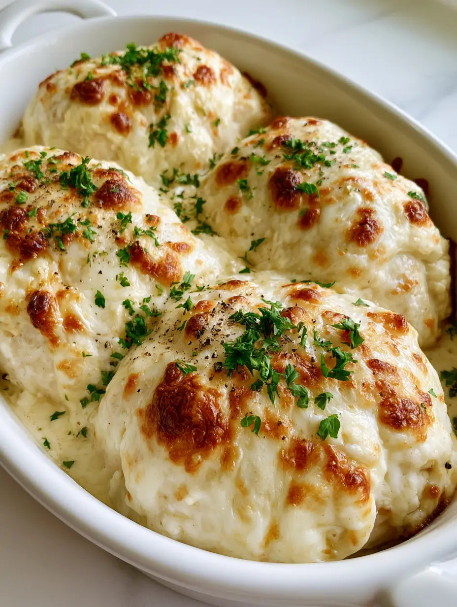 Close-up of three tender Baked Caesar Chicken breasts in a white dish with a rich ivory bubbly sauce and fresh parsley garnish. (Baked Caesar Chicken)