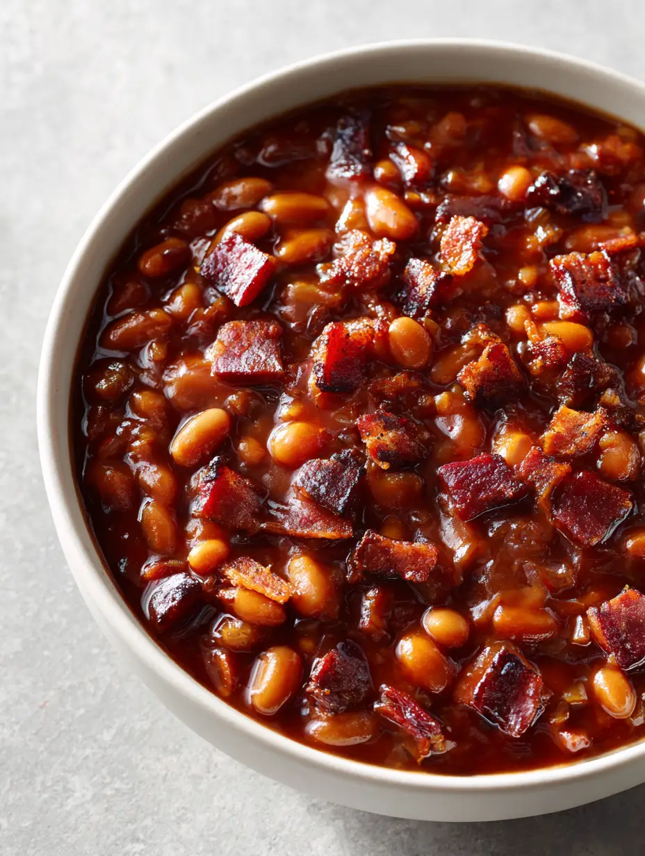 Easy Canned Baked Beans with Smoky Bacon and Rich Molasses 3 Top-down view of Easy Canned Baked Beans featuring soft navy beans and thick reddish-brown sauce with visible bacon squares.