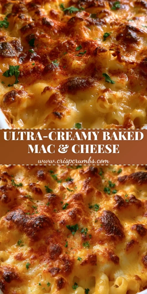 A rectangular white ceramic baking dish filled with Baked Macaroni and Cheese, showing a thick bubbly golden-brown cheese crust with charred edges and fresh parsley garnish.