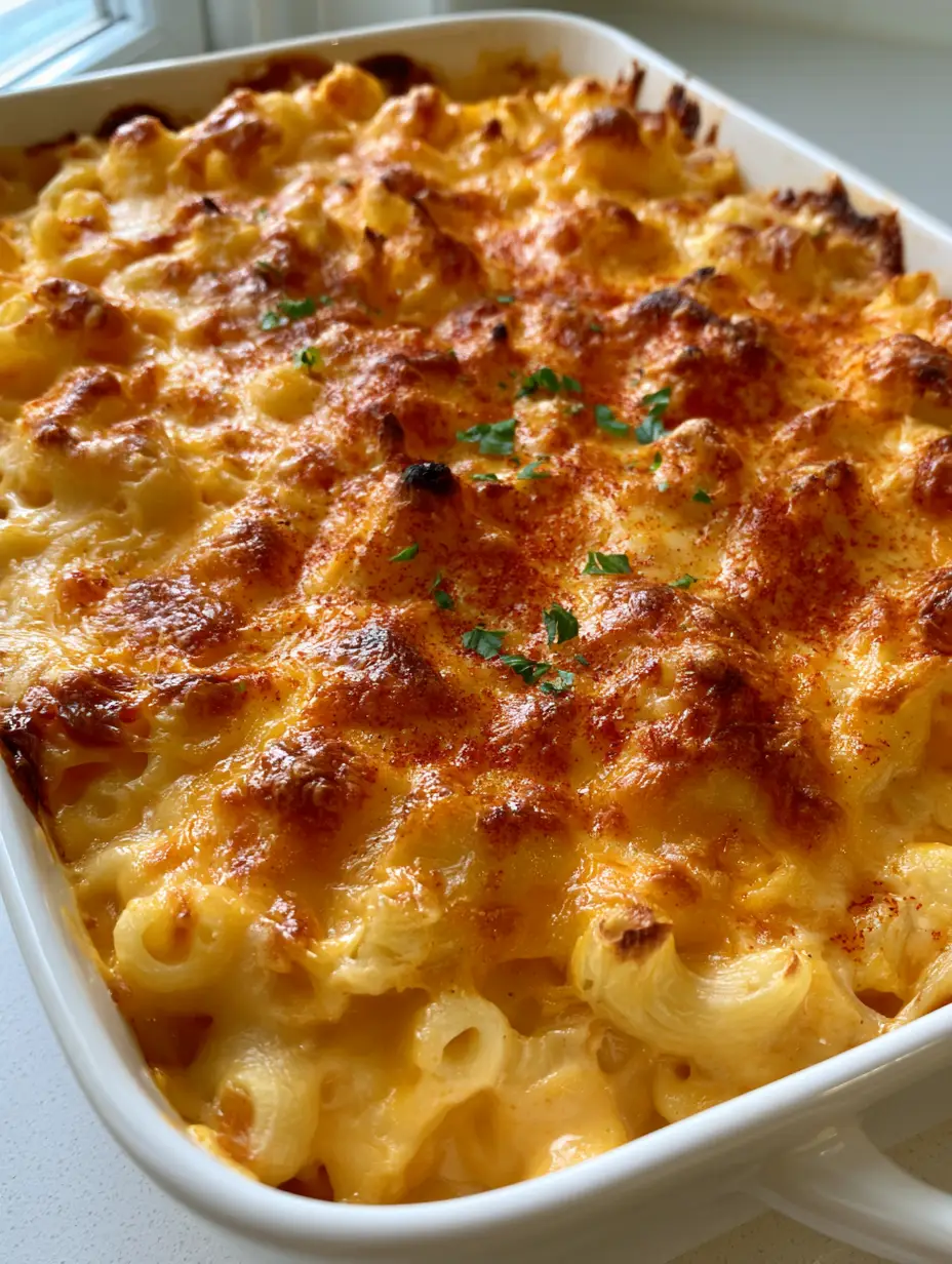 Overhead view of Baked Macaroni and Cheese in a white ceramic dish, highlighting the glossy cheese sauce and individual elbow macaroni shells beneath a golden crust.