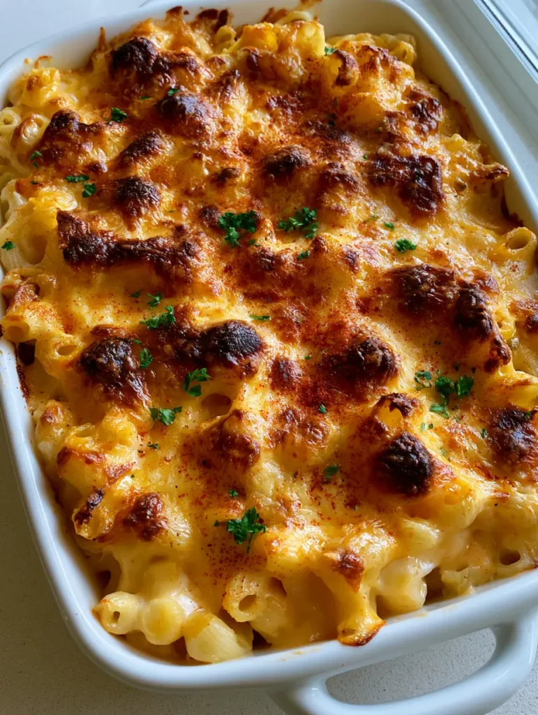 Close-up of the bubbly, unevenly browned cheddar and Monterey Jack crust on Baked Macaroni and Cheese with a light dusting of paprika.