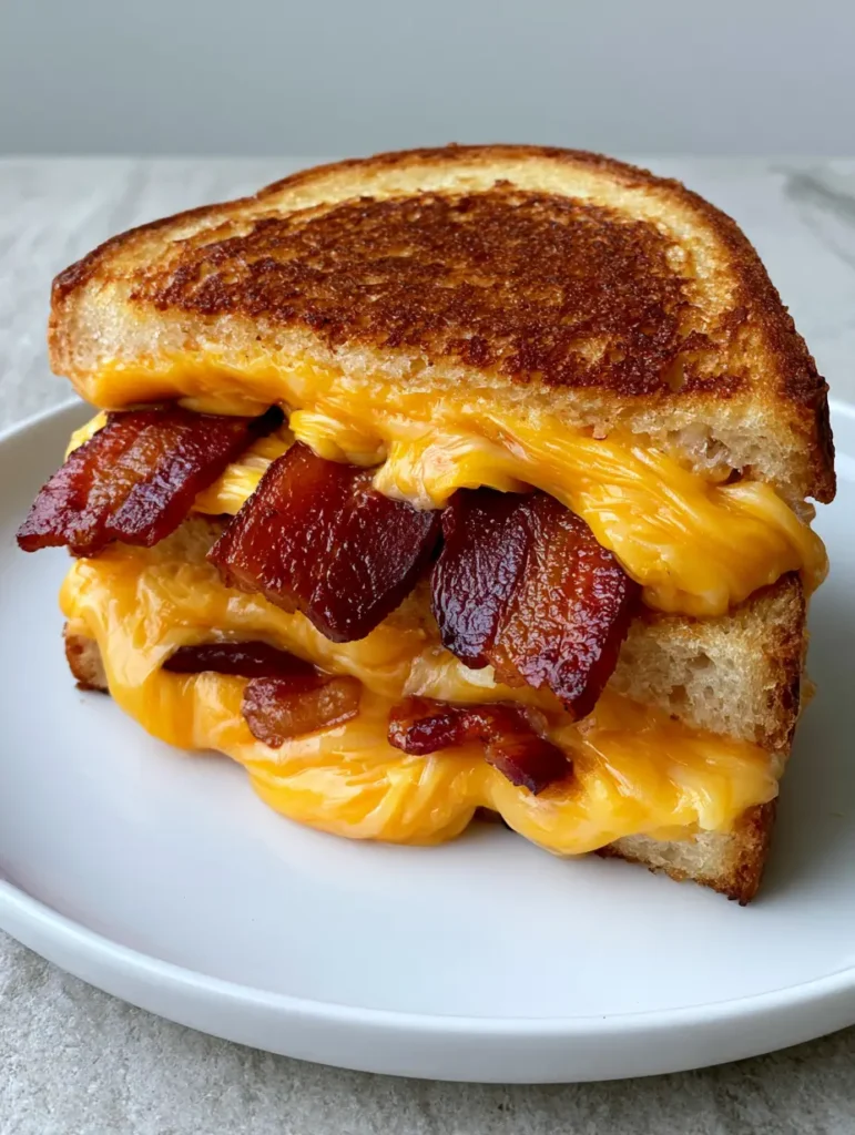 Close up of melted sharp orange cheddar cheese and crispy thick-cut bacon inside a toasted sandwich.