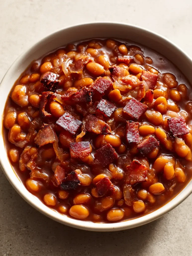 Easy Canned Baked Beans with Smoky Bacon and Rich Molasses 1 A close-up of navy beans coated in a dark, rich sauce with charred bacon edges and translucent onions. (Easy Canned Baked Beans)