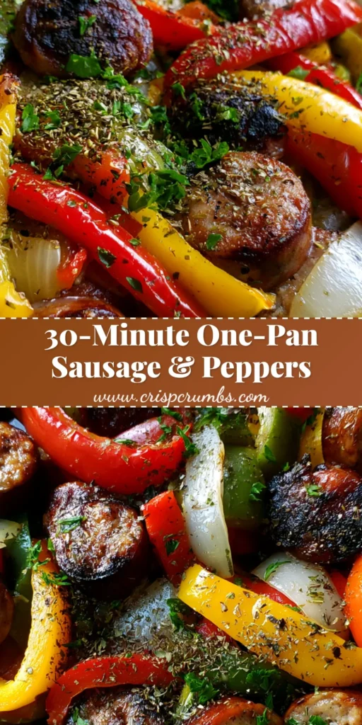 A rustic top-down view of a dark skillet filled with seared Italian sausage rounds, vibrant blistered red, yellow, and green bell peppers, and translucent white onions, sprinkled with fresh parsley. (Sausage and Peppers Skillet)