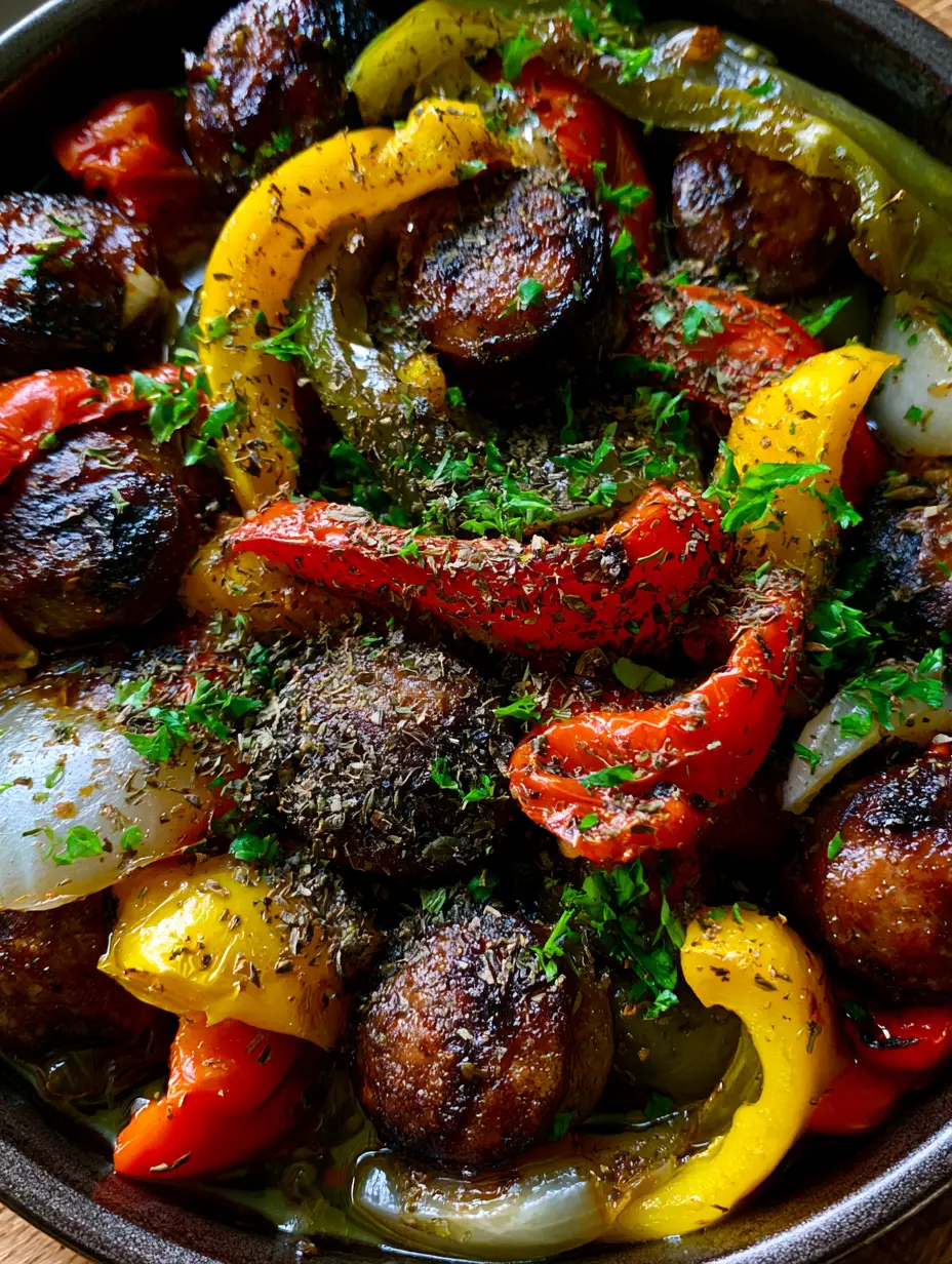 Close-up shot of juicy Italian sausage rounds with dark brown seared edges and blistered bell pepper strips in a glistening oil sauce. (Sausage and Peppers Skillet)
