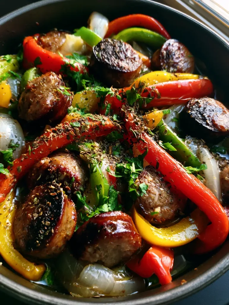 A crowded dark skillet showing the rustic texture of sauteed bell peppers, white onion wedges, and seared sausage rounds coated in dried herbs. (Sausage and Peppers Skillet)