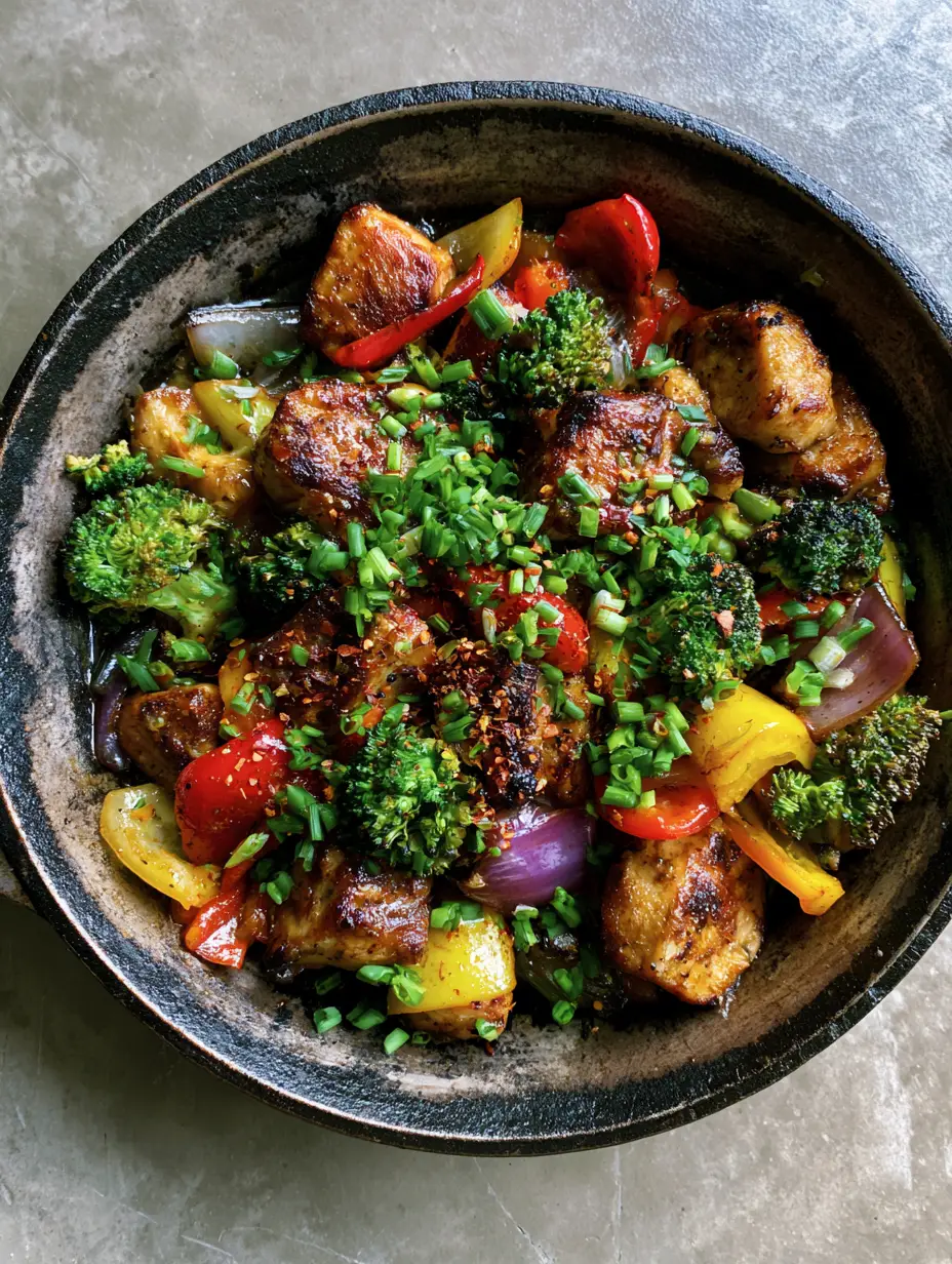 Close up view of golden-brown chicken chunks and vibrant green broccoli in a Chicken and Vegetable Skillet.