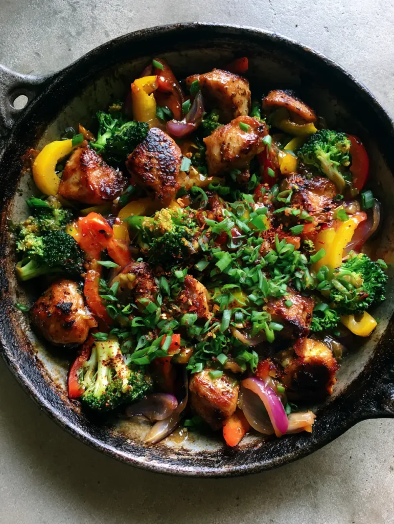 Wide shot of the Chicken and Vegetable Skillet on a grey concrete countertop with fresh scallion garnishes.