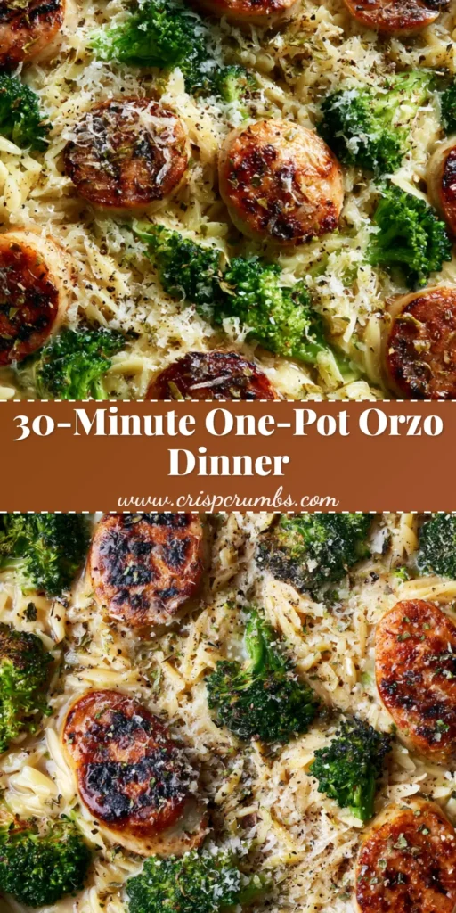One-Pot Chicken Sausage Orzo with Tender-Crisp Broccoli 4 A shallow white skillet on a gray stone counter filled with One-Pot Chicken Sausage Orzo, charred sausage slices, and bright green broccoli.