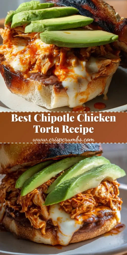 A towering Chipotle Chicken Torta with melted Oaxaca cheese, vibrant adobo chicken, and avocado on a charred bolillo roll.