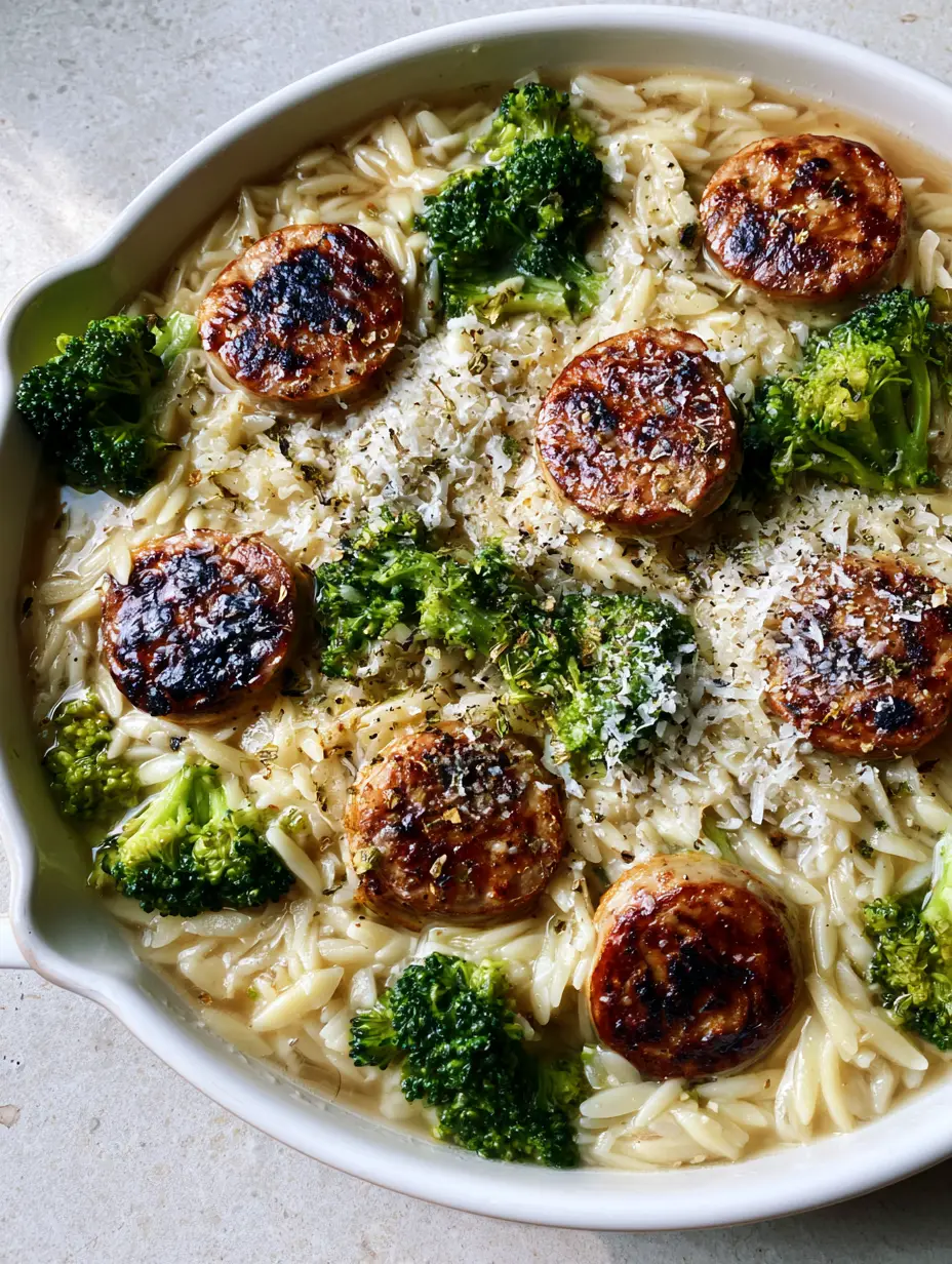One-Pot Chicken Sausage Orzo with Tender-Crisp Broccoli 3 Close up of diagonal chicken sausage slices with charred edges in ivory orzo pasta. (One-Pot Chicken Sausage Orzo)