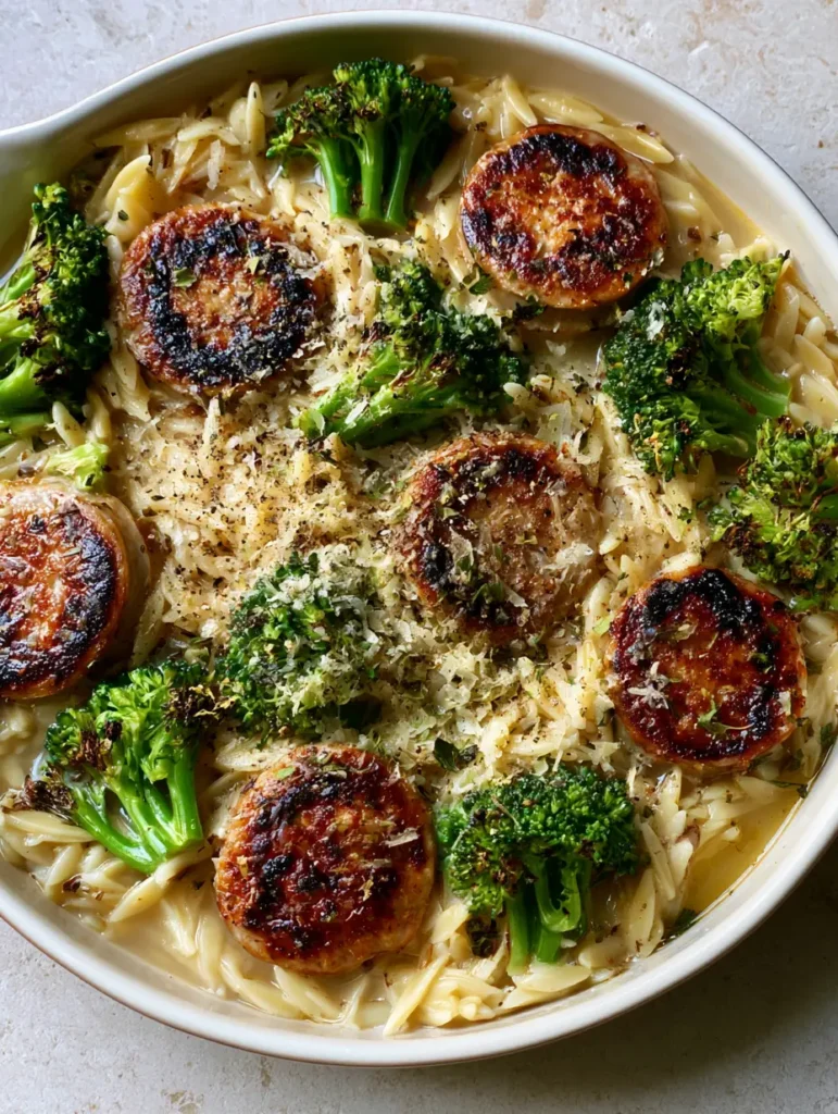 One-Pot Chicken Sausage Orzo with Tender-Crisp Broccoli 1 Full skillet of One-Pot Chicken Sausage Orzo topped with parmesan and dried herb flakes.