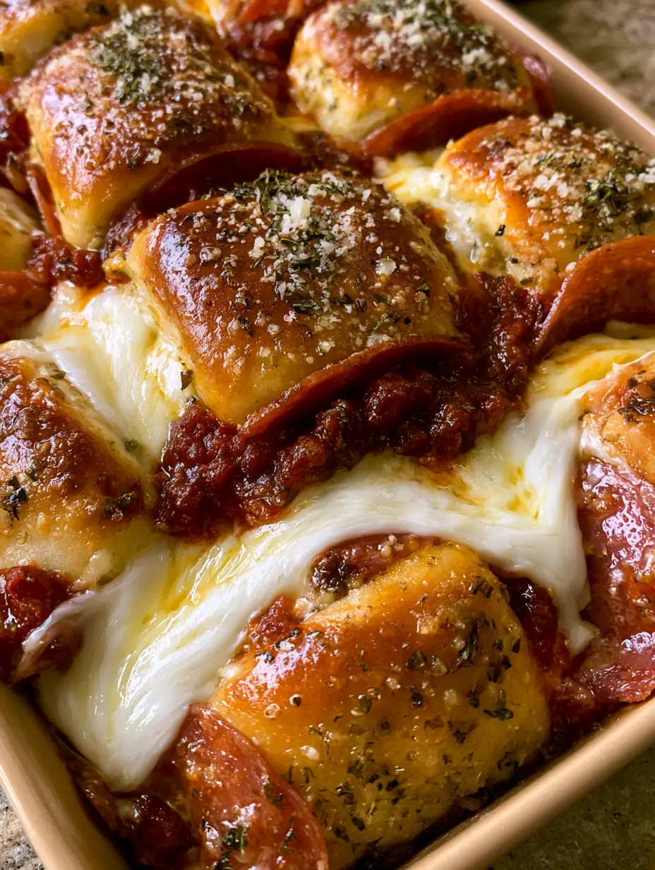 High-angle shot of golden-brown Easy Pizza Sliders with flecks of oregano and parmesan in a rectangular dish.
