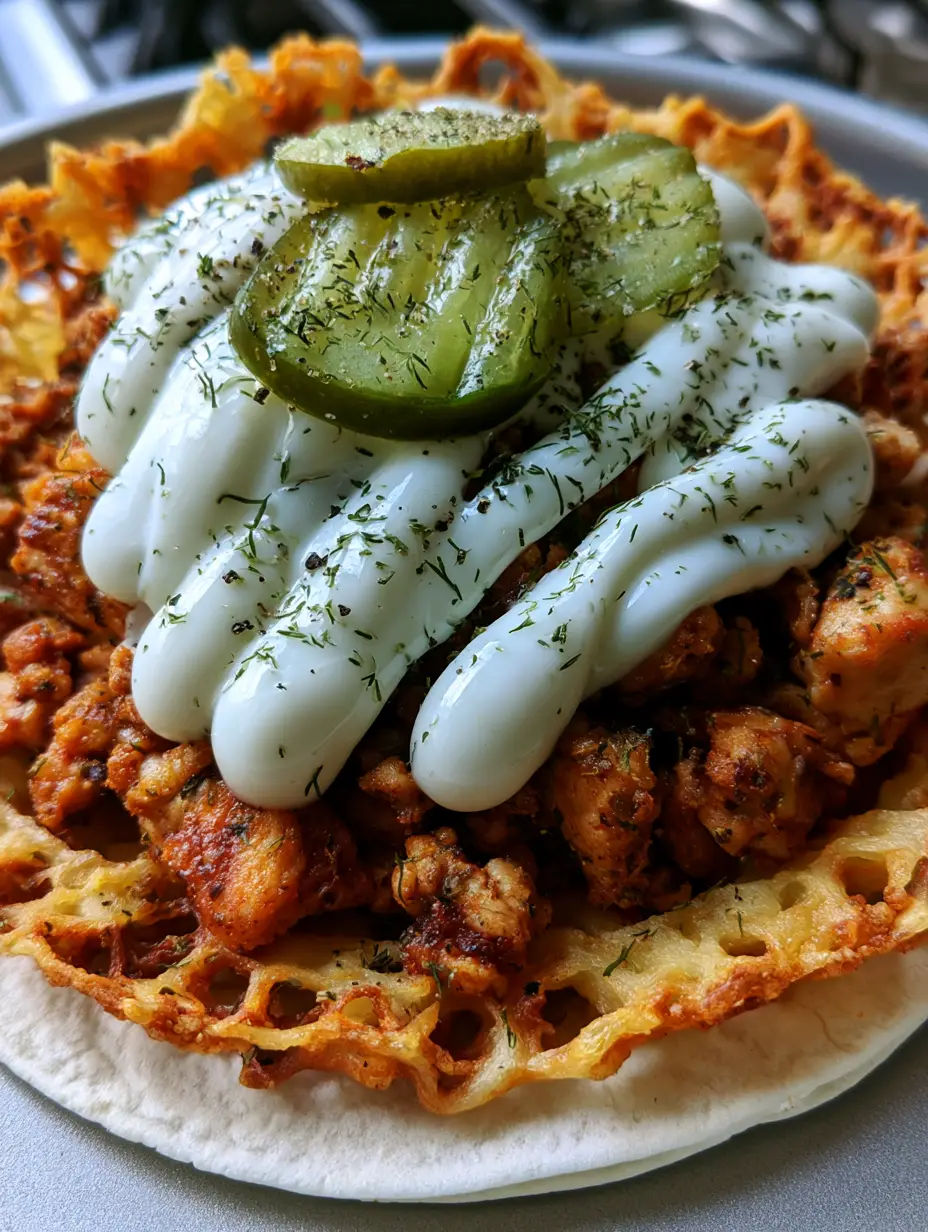 Dill Pickle Smash Chicken Tacos with Crispy Fried Cheese Lace 3 A smartphone photo of a Dill Pickle Smash Chicken Taco with a visible crispy cheese skirt and zigzag ranch dressing.