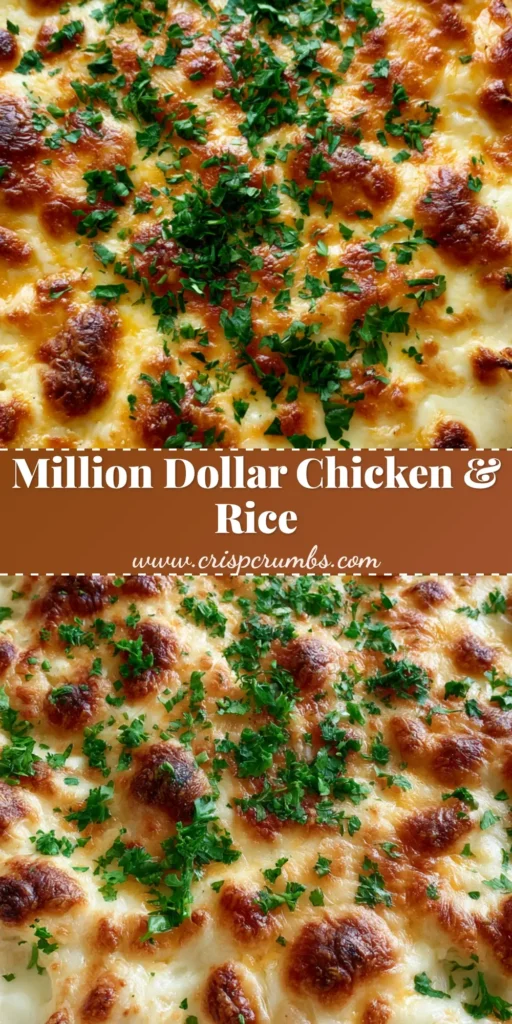 A close-up of Million Dollar Chicken and Rice in a white dish with melted mozzarella and cheddar, toasted bubbles, and fresh parsley garnish.