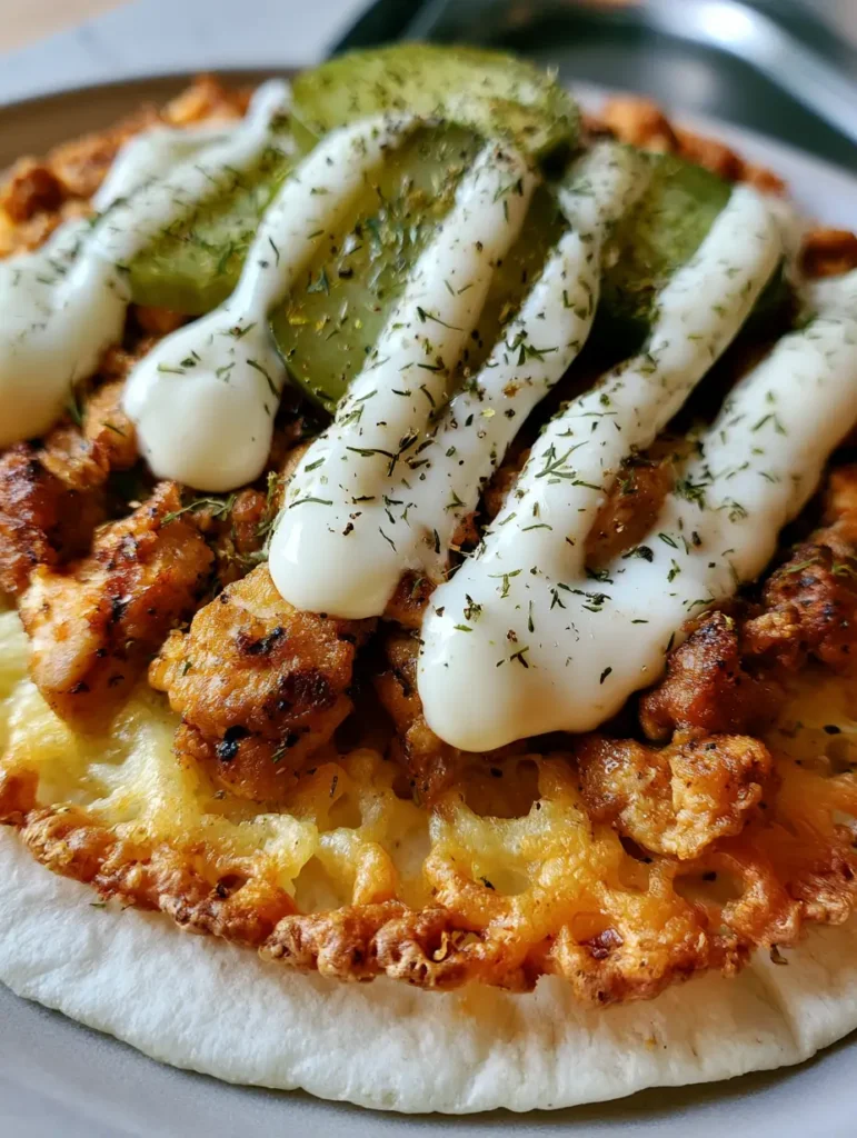 Dill Pickle Smash Chicken Tacos with Crispy Fried Cheese Lace 1 Top-down view of the seared ground chicken crumbles pressed into the cheese in a Dill Pickle Smash Chicken Taco.