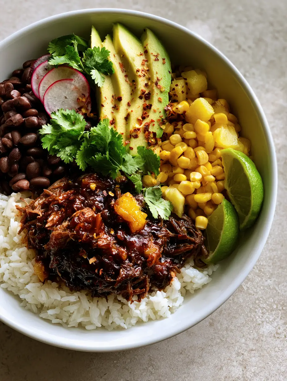 Overhead view of Slow Cooker Pot Roast Bowls showcasing the tender mahogany glazed beef and fresh pineapple chunks.