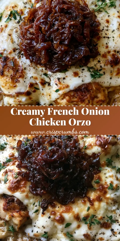 A close-up of a rustic skillet filled with French Onion Chicken Orzo, featuring a mountain of jammy onions and melted cheese. (French Onion Chicken Orzo)