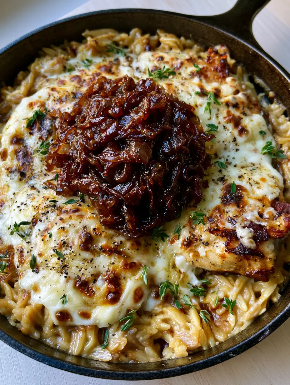 Top-down shot of French Onion Chicken Orzo with seared chicken, creamy pasta, and dark mahogany onions. (French Onion Chicken Orzo)