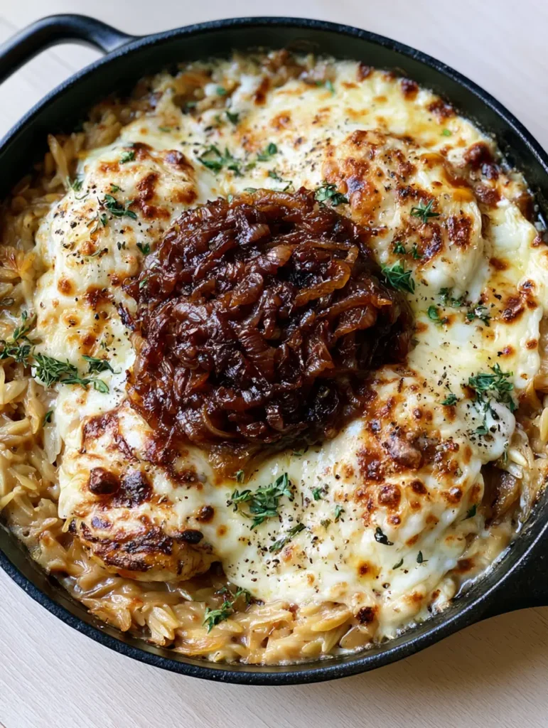 A slightly angled view of the French Onion Chicken Orzo showing the thick gooey blanket of Gruyere and mozzarella cheese.