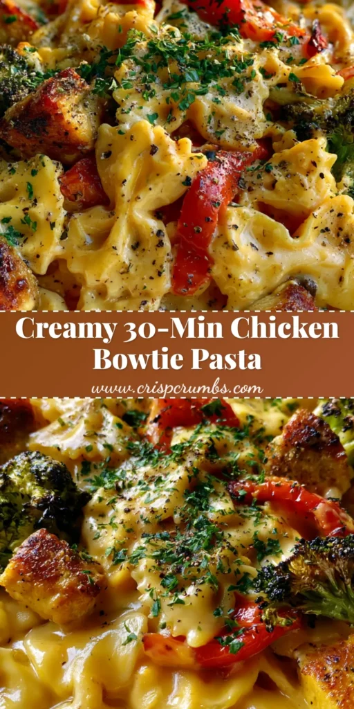 A shallow white bowl of Creamy Chicken Bowtie Pasta with roasted broccoli and red peppers, garnished with parsley.