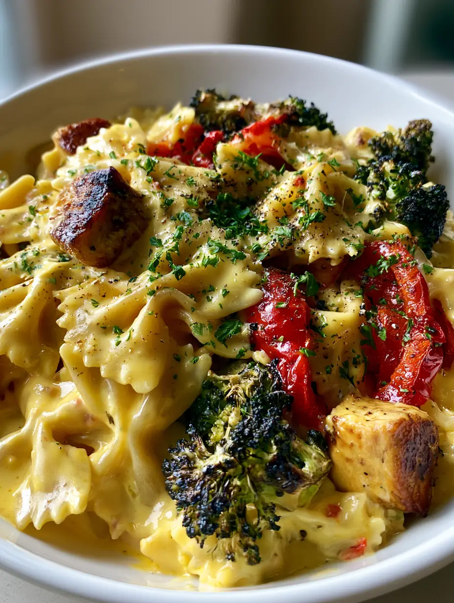 Smartphone photo of farfalle pasta in a glossy golden-yellow cheese sauce with seared chicken cubes. (Creamy Chicken Bowtie Pasta)