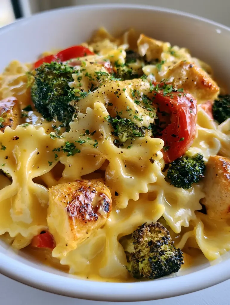 Overhead view of Creamy Chicken Bowtie Pasta featuring charred broccoli florets and roasted red pepper strips.