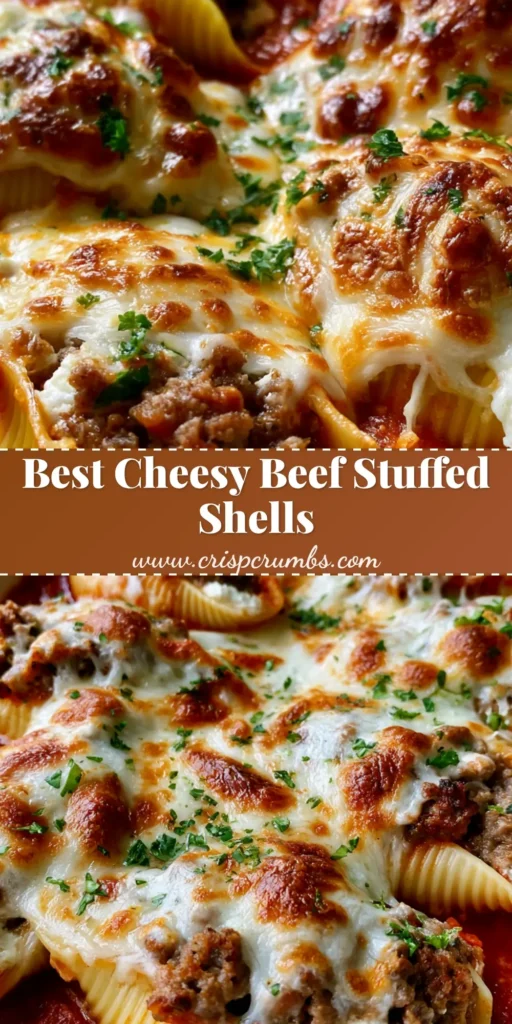 Baked Beef and Ricotta Stuffed Shells: The Ultimate Cheesy Comfort Food 4 A close-up view of Baked Beef and Ricotta Stuffed Shells in a white dish with golden-brown melted mozzarella and fresh parsley.