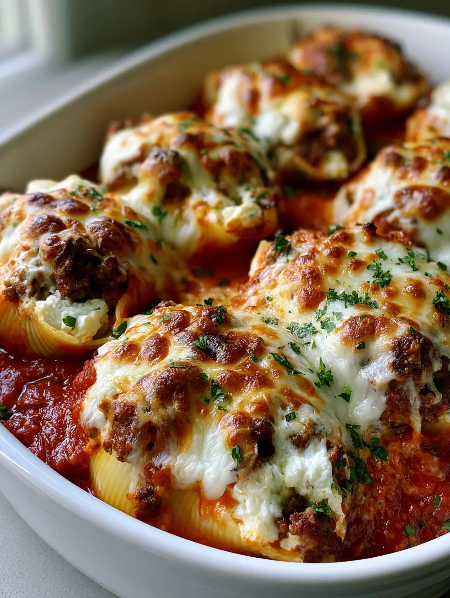 Baked Beef and Ricotta Stuffed Shells: The Ultimate Cheesy Comfort Food 3 Several jumbo pasta shells overflowing with beef and ricotta, partially submerged in vibrant red sauce. (Baked Beef and Ricotta Stuffed Shells)