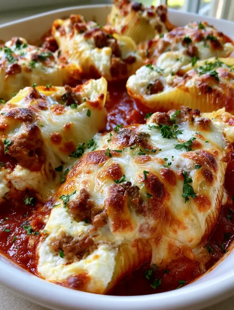 Baked Beef and Ricotta Stuffed Shells: The Ultimate Cheesy Comfort Food 1 Bubbly melted mozzarella cheese with toasted golden spots covering beef stuffed shells. (Baked Beef and Ricotta Stuffed Shells)