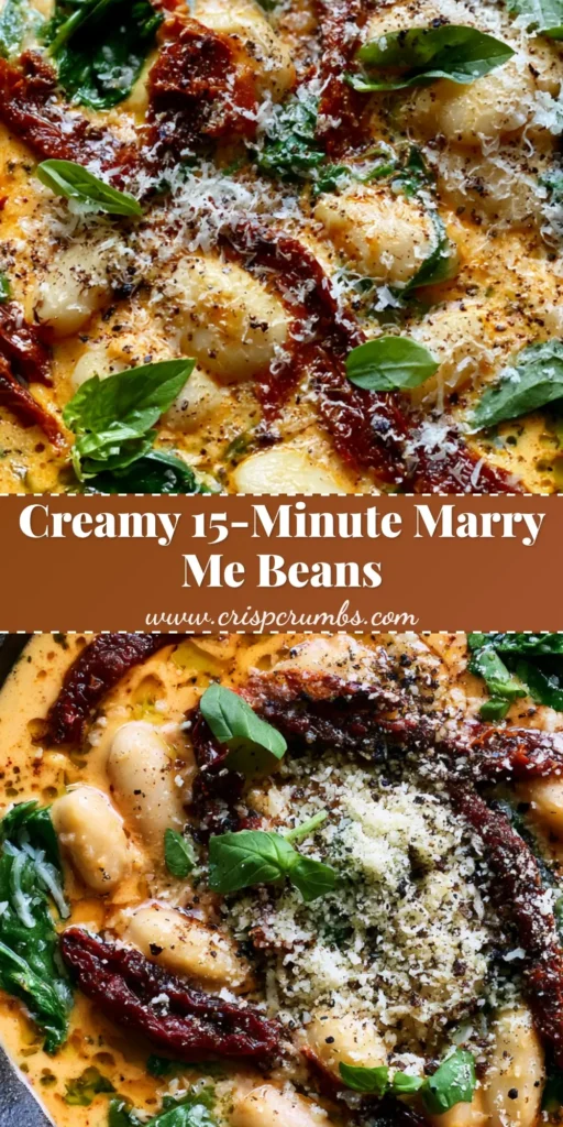 A rustic black cast iron skillet filled with Marry Me White Beans in a thick orange cream sauce garnished with basil sprigs and parmesan.