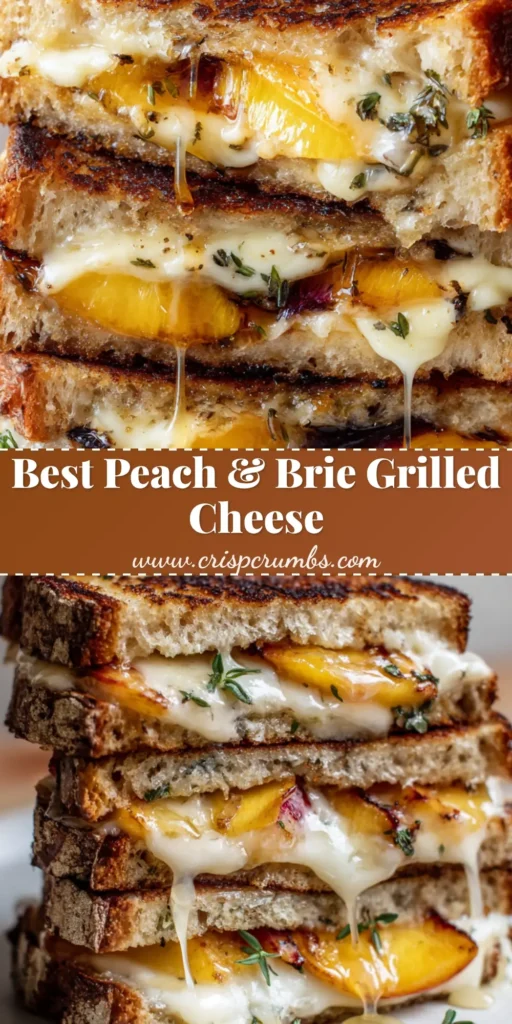 Peach and Brie Grilled Cheese with Caramelized Peaches and Thyme 4 A gourmet Peach and Brie Grilled Cheese stacked on a white plate with honey dripping down the side and charred peaches visible.