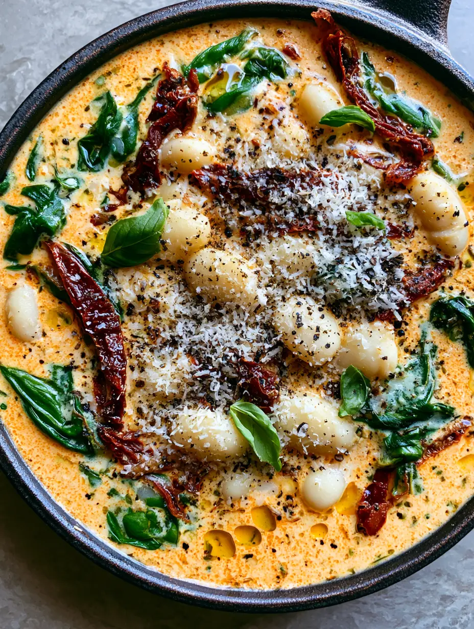 Top-down view of Marry Me White Beans showing the thick orange-hued cream sauce and herb-infused oil droplets.