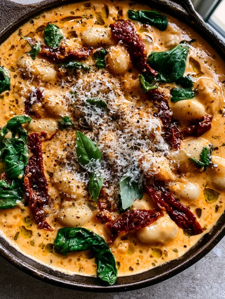 Close-up of plump cannellini beans and dark red sun-dried tomatoes nestled in a creamy sauce with spinach.