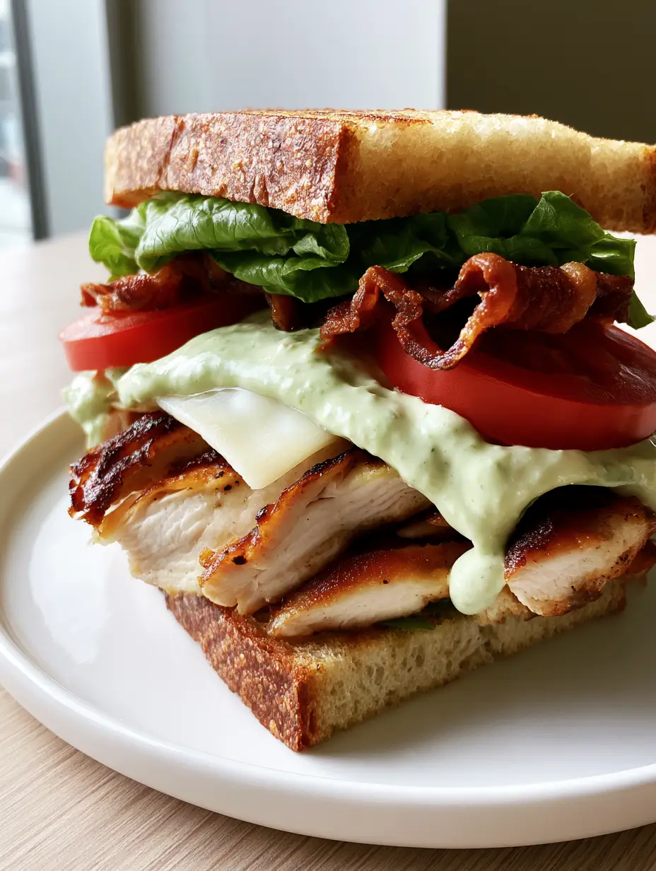 The Ultimate Chicken Club Sandwich with Creamy Avocado Ranch 3 Close-up of a Chicken Club Sandwich showing seared chicken breast with char marks and melted Swiss cheese. (Chicken Club Sandwich)