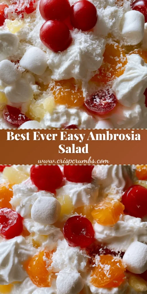 A clear glass bowl filled with creamy Ambrosia Fruit Salad featuring marshmallows, oranges, and cherries on a wooden table.