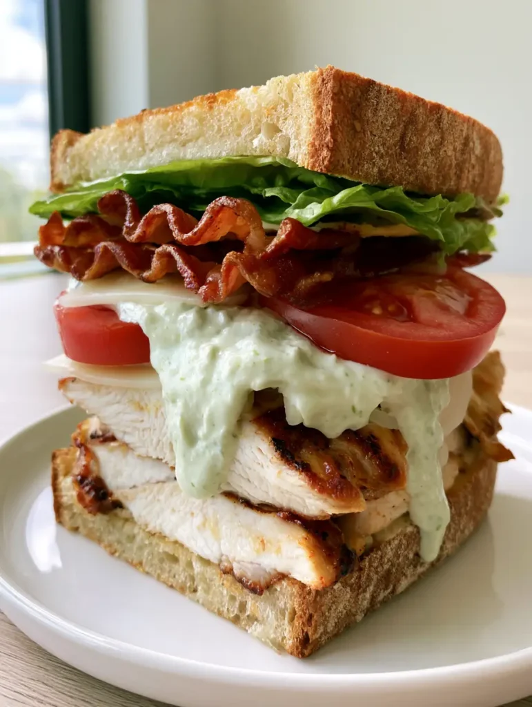 The Ultimate Chicken Club Sandwich with Creamy Avocado Ranch 1 Side view of a Chicken Club Sandwich with thick pale-green avocado ranch dripping down artisanal sourdough bread.