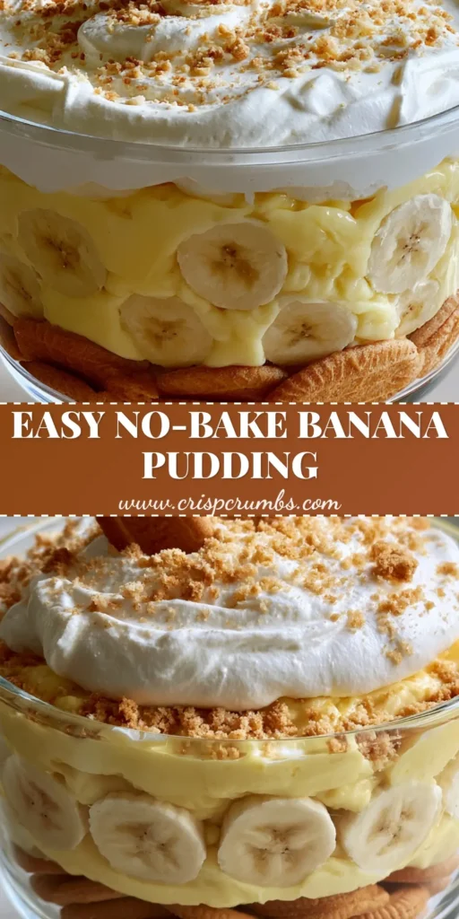 A tall glass trifle bowl layered with No Bake Banana Pudding, featuring sliced bananas pressed to the glass and a whipped cream topping.