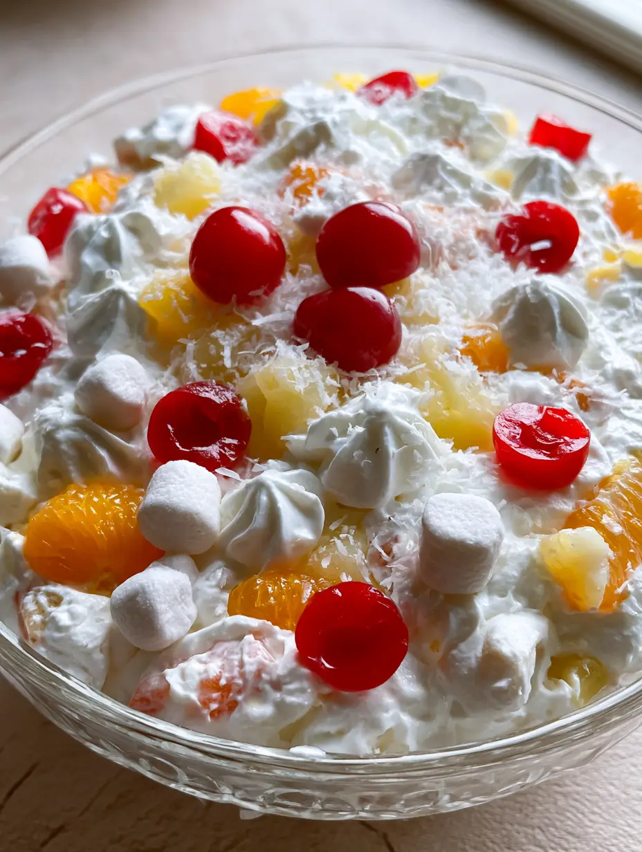 Top-down view of Ambrosia Fruit Salad showing textured cream peaks, coconut dusting, and whole maraschino cherries.