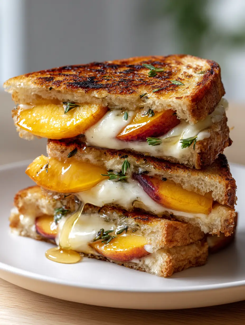 Peach and Brie Grilled Cheese with Caramelized Peaches and Thyme 3 Close-up handheld photo of a Peach and Brie Grilled Cheese showing the deep golden sourdough and melted brie texture.