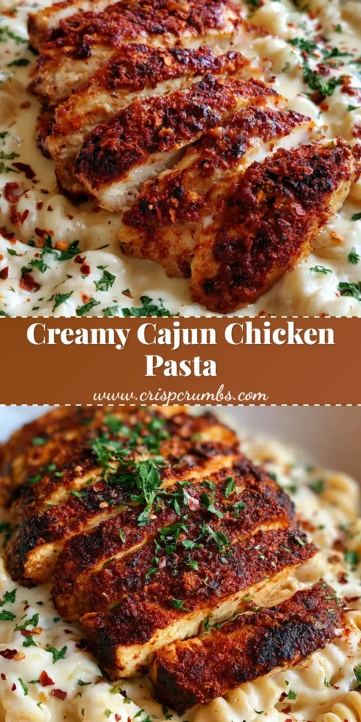 Creamy Cajun Chicken Rotini with Blackened Mozzarella Sauce 4 A top-down Pinterest-style photo of Creamy Cajun Chicken Rotini featuring reddish-brown seared chicken on white pasta.