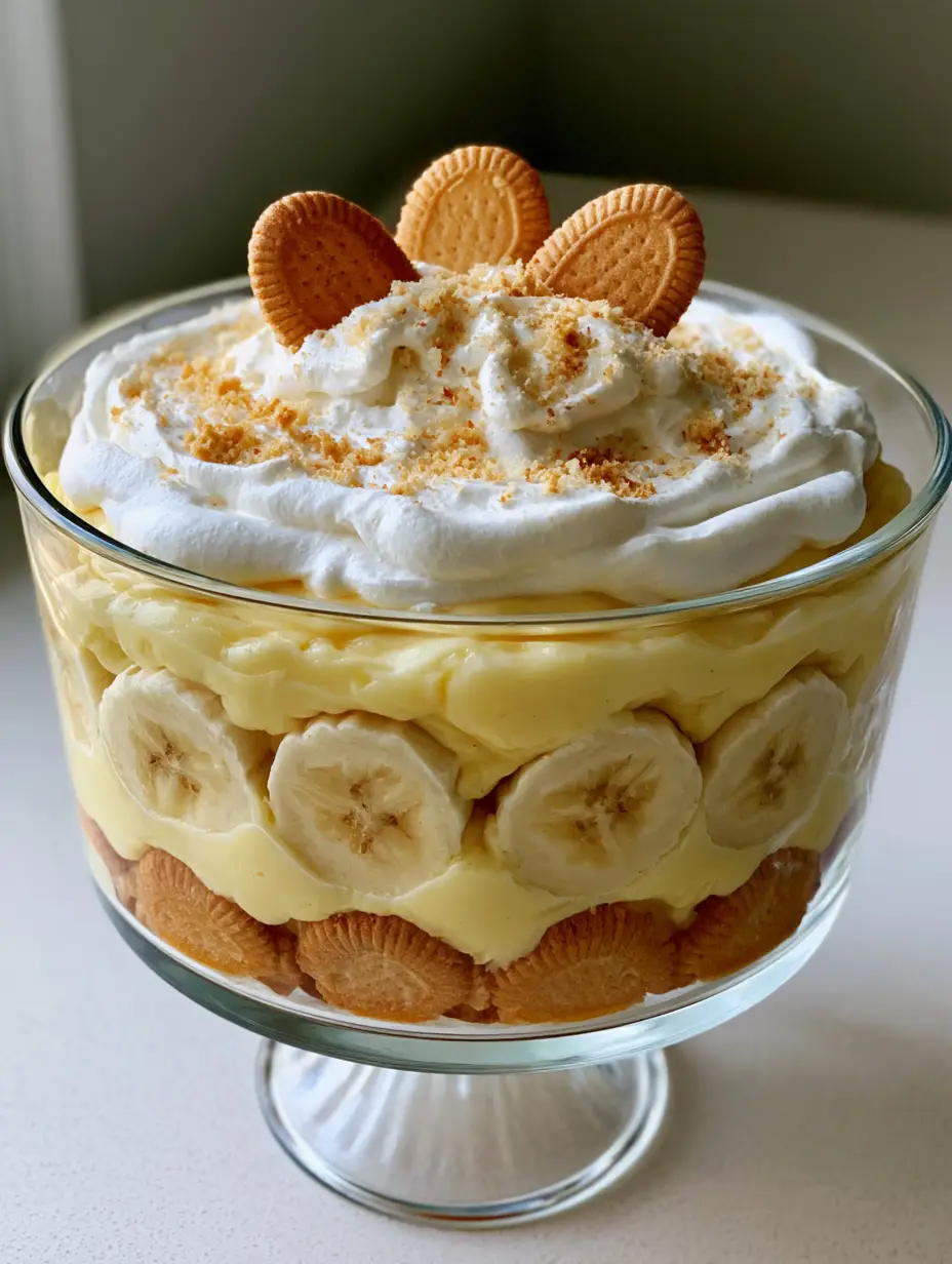 Detailed side view of No Bake Banana Pudding layers including pale yellow custard and whole golden wafers.