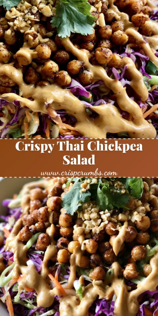 A vibrant Thai Chickpea Salad in a white bowl featuring crunchy roasted chickpeas, shredded purple cabbage, and a creamy peanut drizzle.