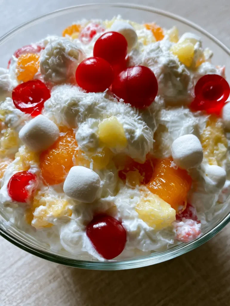 Close-up of matte white mini marshmallows and orange mandarin segments folded into a thick whipped cream base.