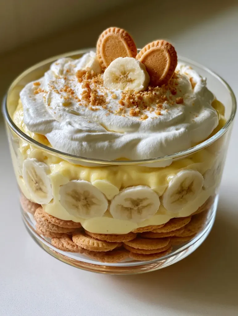 Overhead view of a clear glass trifle bowl filled with No Bake Banana Pudding topped with whipped cream and crushed crumbs.
