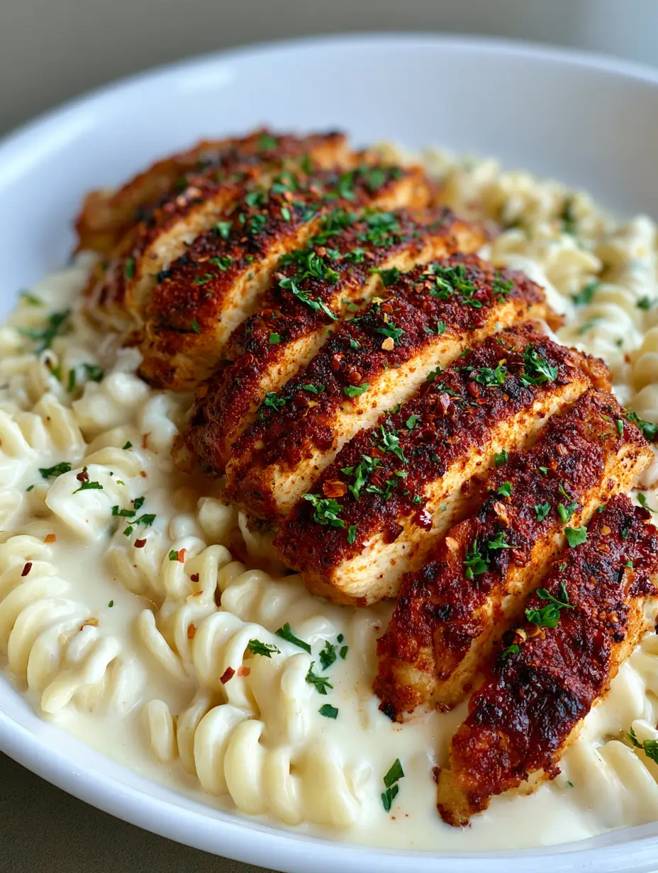 Creamy Cajun Chicken Rotini with Blackened Mozzarella Sauce 3 Close-up smartphone photo of Creamy Cajun Chicken Rotini in a white bowl with thick mozzarella sauce. (Creamy Cajun Chicken Rotini)